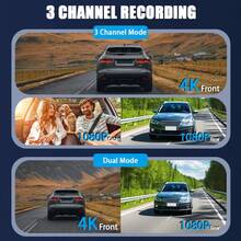4K 高清行车记录仪带 WIFI 功能，前/中/后 3 个摄像头，广角汽车行车记录仪，带夜视功能的车载摄像头，停车监控循环记录应用程序，G 传感器，运动检测，包含 64GB 存储卡，内置 150mAh 锂电池 - A - 查看 2