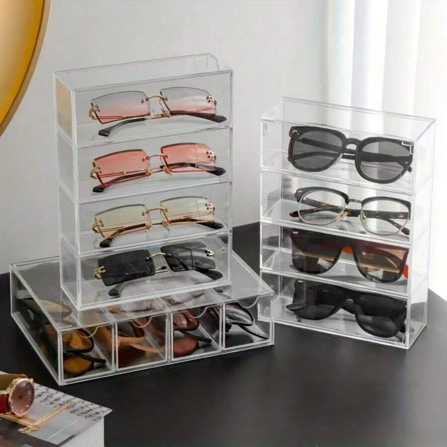 4-Layer Acrylic Eyeglasses Display Box, Stackable Desktop Sunglasses Storage Organizer, Dust-Proof Stationery Drawer-Style Rack
