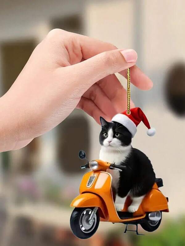 Adorno de gato en scooter de acrílico festivo - Decoración perfecta para el hogar en Navidad y todo el año, regalo ideal para fiestas y espejos de coche