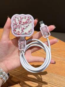 4-In-1 Set (1pc Shockproof Phone Case + 1pc UK Plug Charger Wave Pattern Protector + 2pcs Data Cable Wave Pattern Protectors) UV Painted Pink Plum Blossom Pattern Suitable For UK Standard Apple 17/17Pro/17ProMax/Air/16/16Pro/16ProMax/16Plus/7/8/7P/8P/X/XS/XR/XSMax/11/11Pro/11ProMax/12/12Pro/12ProMax/13/13Pro/13ProMax/14/14Pro/14Plus/14ProMax/15/15Pro/15Plus/15ProMax - Multicolor - View 5