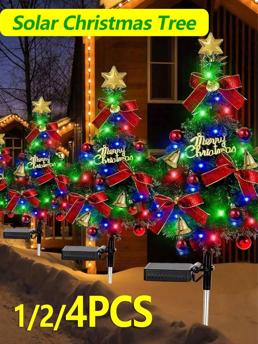 4/2/1 paquets Arbre de Noël solaire lumineux extérieur Arbre de Noël pré-éclairé 2 modes clignotants Arbres de Noël solaires avec lumières LED pour vacances, porche, jardin, patio, cimetière, allée