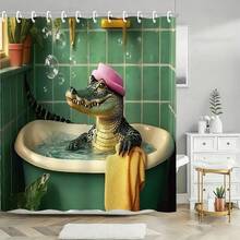 1Pc 71x71 Inches, 12 Hooks Included, Alligator In Bathtub Shower Curtain With Whimsical Realistic Design - Alligator With Pink Shower Cap In Green Bathroom Print, Polyester Fabric, Perfect For Those Who Love Whimsical Bathroom Decor, Bathroom Decor | Whimsical Realistic Style | Polyester Curtain, Shower Curtains For Bathroom, Add A Whimsical Realistic Touch To Your Bathroom, Easy Installation - Xanh lá cây 331 - Xem 3