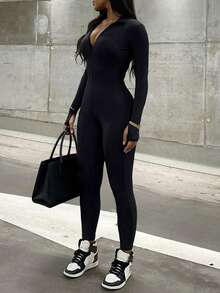 Mystra Y2K 街头风休闲罗纹拉链连体裤 黑色 春季 - 黑色 - 查看 5