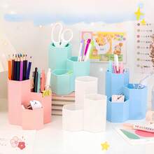 1件创意化妆眉笔收纳盒办公文具多格笔筒学生桌面六角笔筒批发办公桌摆件收纳桶笔筒化妆刷桶 - 彩色 - 查看 2