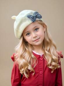 1pc Girls' Plaid Bow Knitted Beret Hat, Beige