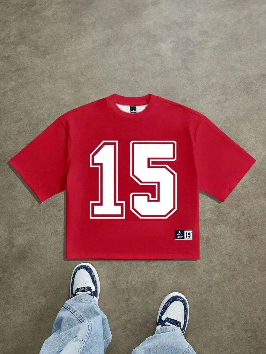 Street Style Loose Cropped 15 Number Colorblock Print Jersey T-Shirt, Suitable For Summer-Comfortable Cotton Vintage Street - Style Washed T - Shirt Top - Đỏ - Xem 1