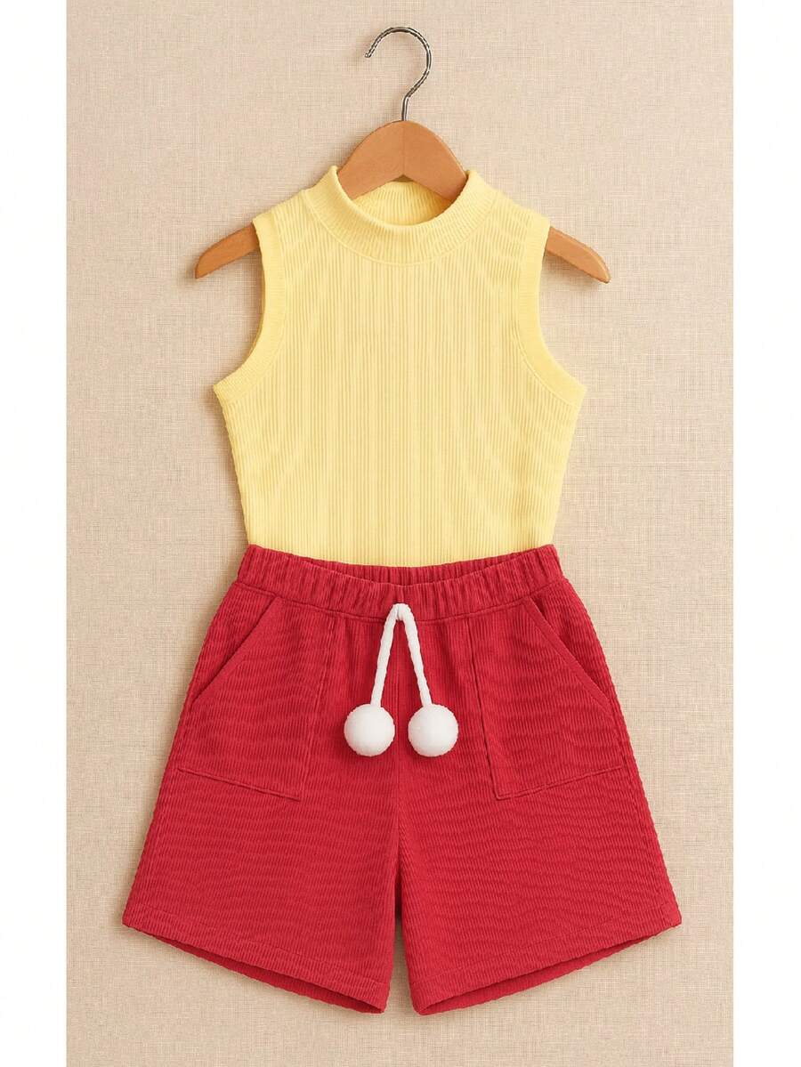 Children's And Youth Set Basic Tank Top + Ribbed Shorts With Pompom Super Stylish 2-Piece Kit For Girls And Teenagers Spring Summer CJI039 - Baby Pink and Yellow - View 1