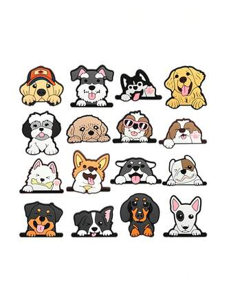 16pcs Cute Cartoon Puppy DIY Shoe Charms Set, Suitable For Hollow Out Clogs, Beach Sandals, Flip Flops
