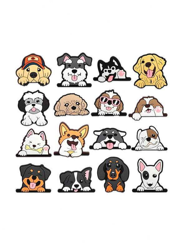16pcs Cute Cartoon Puppy DIY Shoe Charms Set, Suitable For Hollow Out Clogs, Beach Sandals, Flip Flops