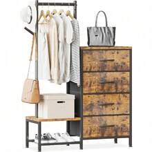 ODK Comoda Dormitorio 3 en 1, con Burro Ropa y 2 Ganchos para Abrigos, Zapatero de Doble Capa en la Parte Inferior, 4 Cajonera de Tela, Ideal para Dormitorio y Pasillo, Blanco