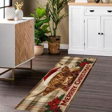 1 Stück Weihnachts-Hochlandrind mit roter Weihnachtsmütze & Stechpalmenbeeren-Muster, Faux-Woll-Fleece TPR-Boden-Fußmatte, Badezimmermatte, Küchenmatte, Waschküchenmatte, Feiertags-Dekoration, Heimdekoration, Party-Dekoration, Hochzeitsdekoration, Esszimmer-Dekoration