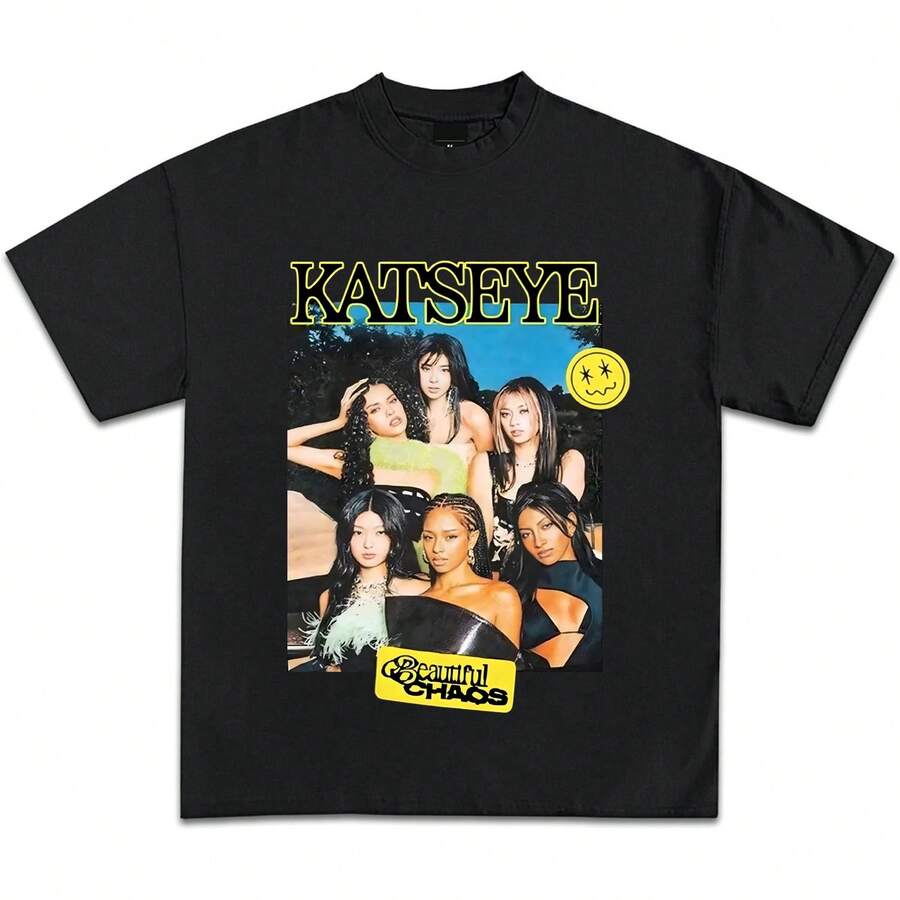 Katseye Beautiful Chaos Tour T Shirt,Graphic Tees Y2K Tees,Hip-Hop Music T-Shirt, Unisex Casual Short Sleeve Perfect For Fans,Rap Star Graphic Tee, Hip-Hop Culture Shirt - 黑色 - 查看 1
