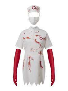 Nurse Zombie Costume For Women Halloween Scary Cosplay Clothes Short Sleeve Dress With Gloves And Facewear - White - View 3