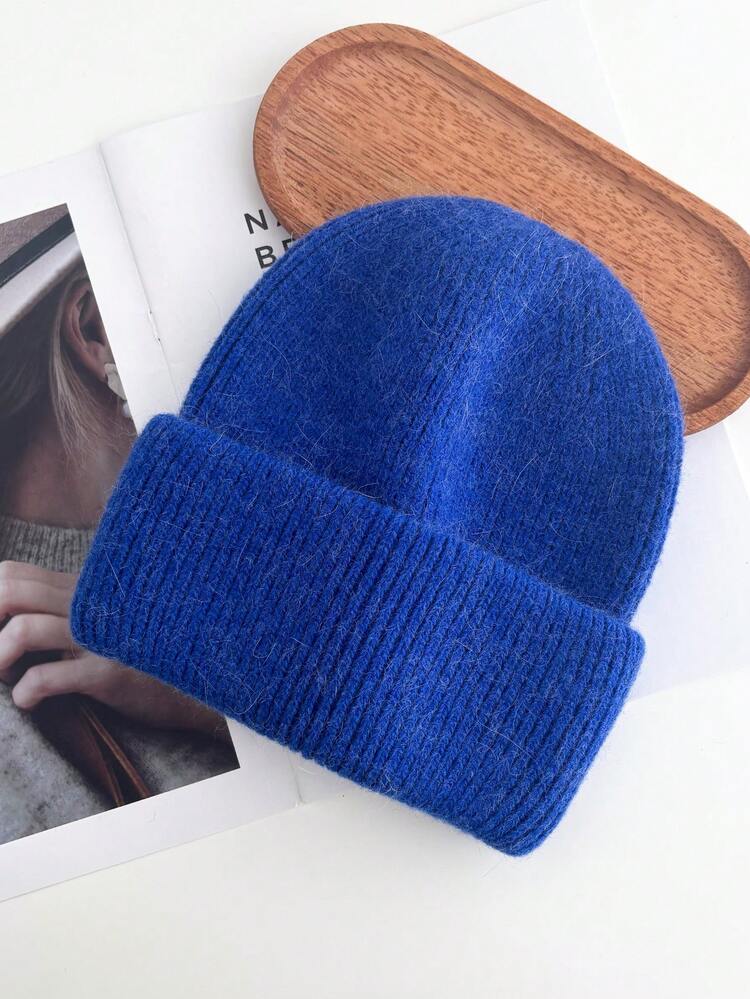 1pc White Knit Cuffed Beanie Hats For Women Winter Fur Knitted Caps Soft Slouchy Warm Snug Snow Ski Running Adult Knit Hat - White - View 14