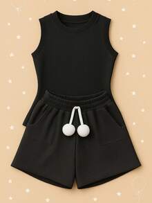 Children's And Youth Set Basic Tank Top + Ribbed Shorts With Pompom Super Stylish 2-Piece Kit For Girls And Teenagers Spring Summer CJI039 - Negro y negro - Ver 2