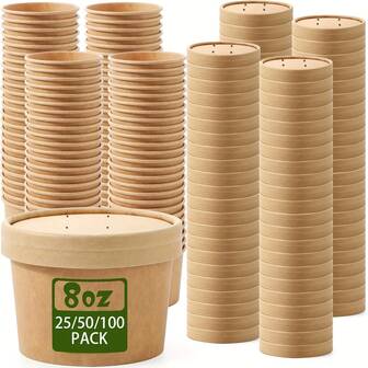 25/50/100 Pack 235ml/8oz Paper Soup Containers With Lids Disposable Paper Food Containers With Vented Lids Kraft Ice Cream Bowls Soup Cup Ice Cream Cups For Restaurants