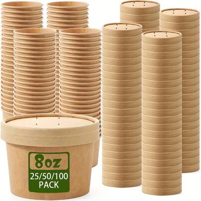 25/50/100 paquete de 235ml/8oz Recipientes de papel para sopa con tapas, recipientes de papel desechables para alimentos con tapas con ventilación, tazones de helado de kraft, tazas de sopa y tazas de helado para restaurantes