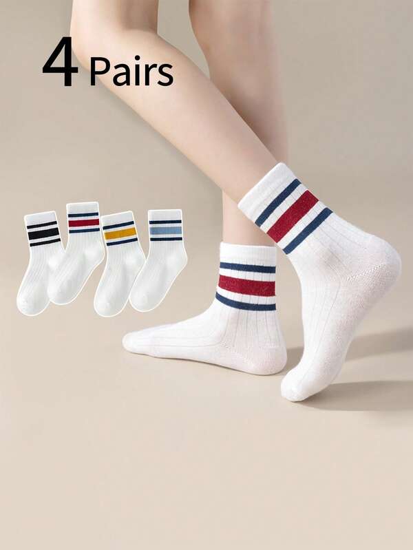 4 أزواج جوارب للأطفال، موديل جديد للربيع/الخريف للأولاد/البنات جوارب متوسطة الطول، جوارب مخططة، جوارب رياضية، تصميم كاجوال، مريحة وقابلة للتنفس، تناسب الأحذية الكاجوال/الرياضية، مناسبة للعودة إلى المدرسة