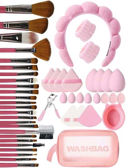 50/1 Piece Makeup Brush Set, Includes 25 Makeup Brushes, Powder Brush, Blush Brush, Highlighter Brush, Eyeshadow Brush, Lash Comb, Eyeliner Brush, Contour Brush, 4 Makeup Sponges, 4 Triangle Foundation Sponges, 5 Mini Makeup Sponges, 3 Mini Finger Puff, 3 Makeup Blender Sponges, 1 Makeup Brush Cleaning Bowl, 1 Eyelash Curler, 1 Waterproof Portable Makeup Storage Bag, 1 Headband + 2 Wristbands, Makeup Tool Kit, Multiple Styles