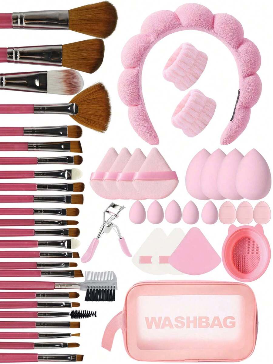 50/1 Piece Makeup Brush Set, Includes 25 Makeup Brushes, Powder Brush, Blush Brush, Highlighter Brush, Eyeshadow Brush, Lash Comb, Eyeliner Brush, Contour Brush, 4 Makeup Sponges, 4 Triangle Foundation Sponges, 5 Mini Makeup Sponges, 3 Mini Finger Puff, 3 Makeup Blender Sponges, 1 Makeup Brush Cleaning Bowl, 1 Eyelash Curler, 1 Waterproof Portable Makeup Storage Bag, 1 Headband + 2 Wristbands, Makeup Tool Kit, Multiple Styles