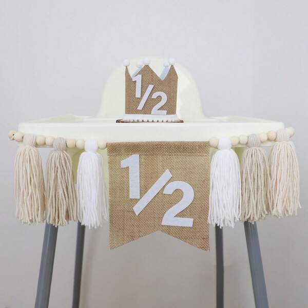 Pancarta de silla alta para medio cumpleaños, gorro corona de medio cumpleaños, decoraciones de fiesta para bebé de 6 meses, accesorios fotográficos blancos