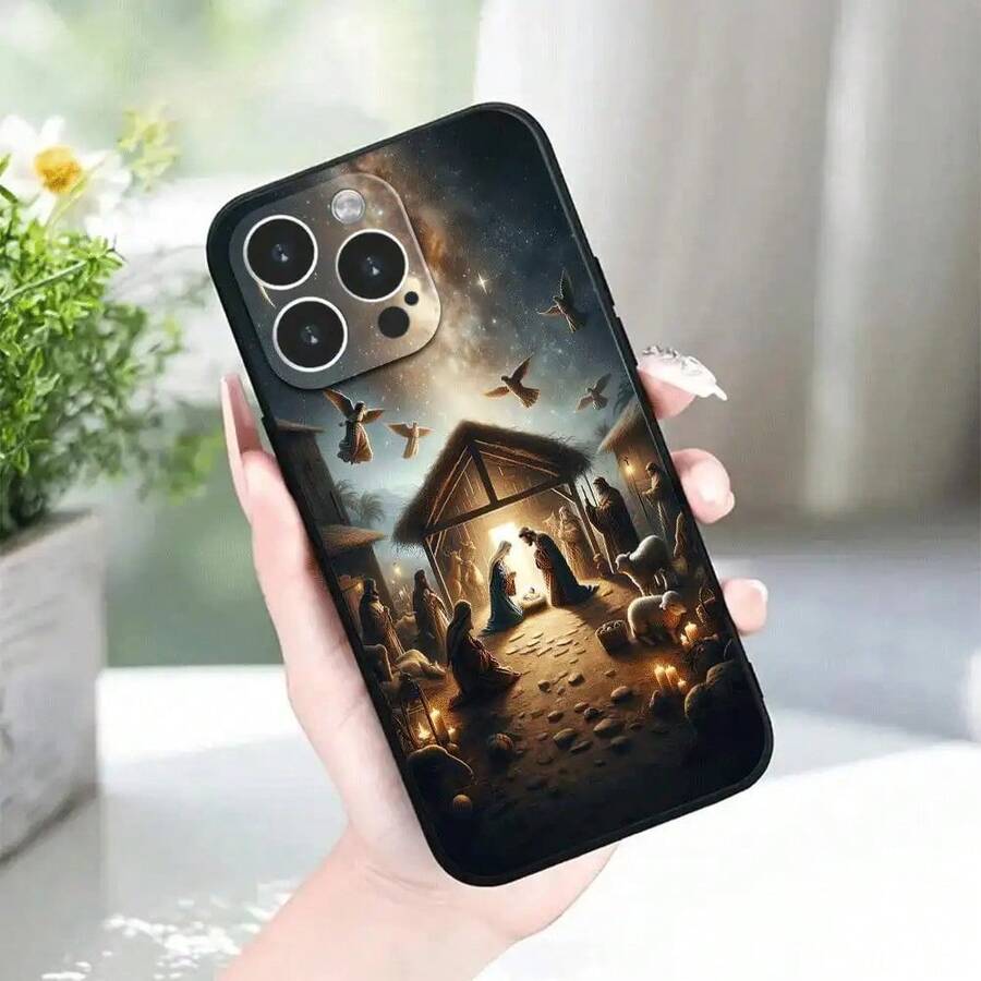 Funda de Teléfono con Diseño de Patrón de Navidad de Cristo y Jesús para 11/12/13/14/15/16 Pro Plus, Cubierta Protectora de TPU Negra, Regalo Exquisito - Colores mixtos - Ver 1