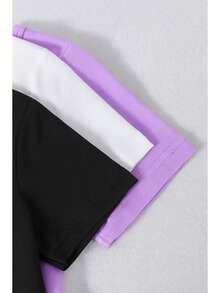 Set de 3 camisetas de manga corta de ajuste holgado con cuello redondo para niñas, con estampado de corazón y letras, diseño sencillo y casual, versátiles para el verano - Multicolor 2 - Ver 4