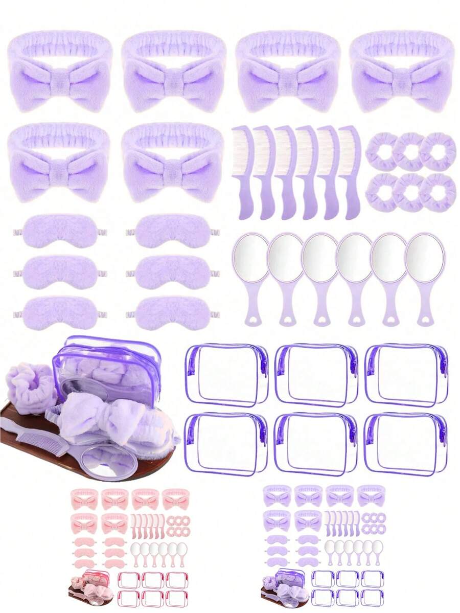 18pcs/6pcs Women's Spa Sleepover Party Supplies Set, Including 1pc Spa Headpiece, 1pc Sleep Eye Mask, 1pc Velvet Hair Band, 1pc Mirror, 1pc Comb And 1pc Transparent Makeup Bag, For Spa Parties, Sleepover Parties, Pajama Parties And Bachelorette Parties