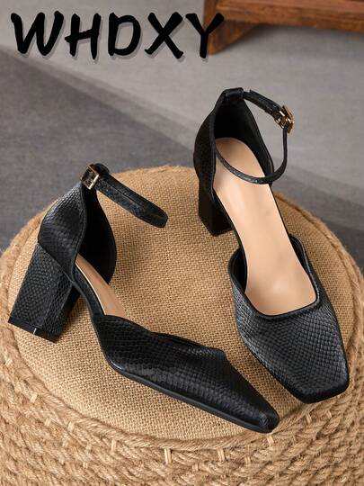 WHDXY 1 Pair Women's Square Toe Basic Solid Buckle Closure High Heel Pumps, Sexy 7CM Chunky Heel Office Lady Dress Shoes