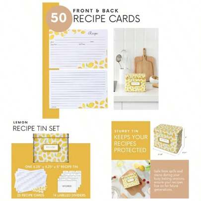 Recipe Card Box, 25 4x6 Inch Cards, 14 Dividers, Decorative Tin Box