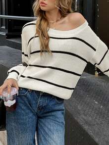 优雅女士时尚黑白条纹针织毛衣上衣，休闲宽松长袖套头衫，圆领落肩设计，秋冬时尚（条纹随机），适合圣诞节、感恩节和新年穿着 - 白色 - 查看 8