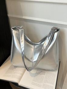 Vintage Solid Color PU Leather Shoulder Bag For Women, Casual Large Capacity Outdoor Travel Vacation Crossbody Bag, Portable Versatile Business Commuting Crescent Bag For Daily Work Use, Lightweight New Street Shopping Underarm Bags - Silver - View 2