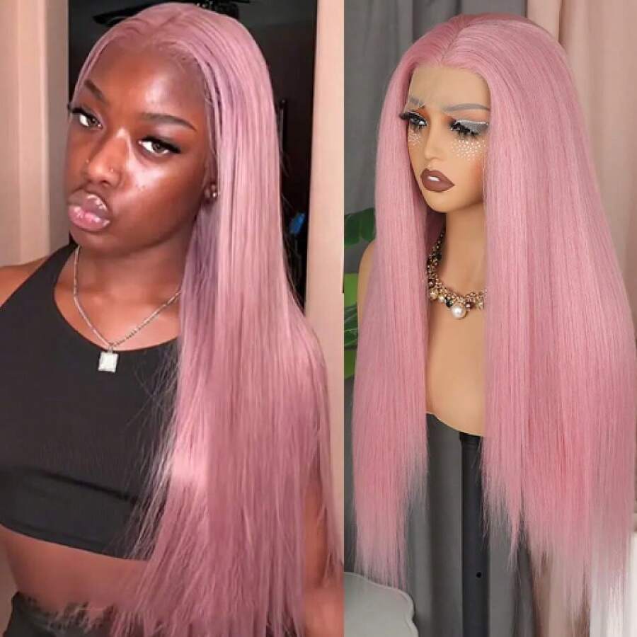 Aubree Pink Long Straight Synthetic Lace Front Wig Pre Plucked Pink Lace Front Wigs Glueless Hairline Lace Wigs For Black Women,21680686 - 粉色 - 查看 1