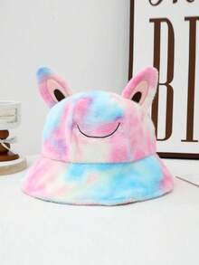 1pc Women's Tie-Dye Fluffy Rainbow Smiling Face Cute Bucket Hat, Korean Style 3D Ear Design Sweet Plush Cap, Warm Thermal Lining Casual Hat For Autumn/Winter