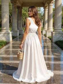 Vestido Largo Asimétrico Elegante Con Abertura Frontal Ajustado En Cintura Con Lazo Diseño De Un Solo Hombro Corte Fluido Para Mujer Casual Y Elegante Moda Femenina - Blanco - Ver 3