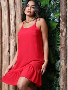 Women's Basic Loose Ruffle Dress With Adjustable Straps - Viscose Fabric - Đỏ - Xem 1