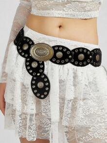 1 chiếc thắt lưng phong cách Bohemian kiểu Tây Cowgirl dành cho nữ, thắt lưng BOHO, thắt lưng kiểu Tây, thắt lưng nhung chắp vá Gothic, phụ kiện thời trang nữ, thắt lưng nhung hình bầu dục khóa hoa màu đồng đen cổ điển mùa thu/đông, phụ kiện váy, thích hợp cho tiệc tùng, bãi biển, lễ hội âm nhạc - màu đen - Xem 2