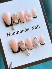 Y2K 24Pcs Set French Style Black & White Tie Dye Polka Dot Press-On Nails, Reusable, With Bowknot, Star Rhinestones, Cute & Chic, Suitable For Dates, Spring, New Year, Christmas, Daily, Birthday, Festival, Spring/Summer New Arrival Nail Supplies Nails - 黑白2 - 查看 3