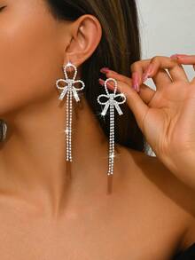 1 Paio di Eleganti Orecchini a Nappina con Fiocco Brillante, Orecchini a Perno con Cristalli Scintillanti, Accessori di Gioielleria alla Moda per Donne