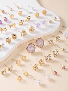 30 对银色金属水钻珍珠心形、叶子、花朵、字母耳钉套装，适合女士 - 彩色 - 查看 4