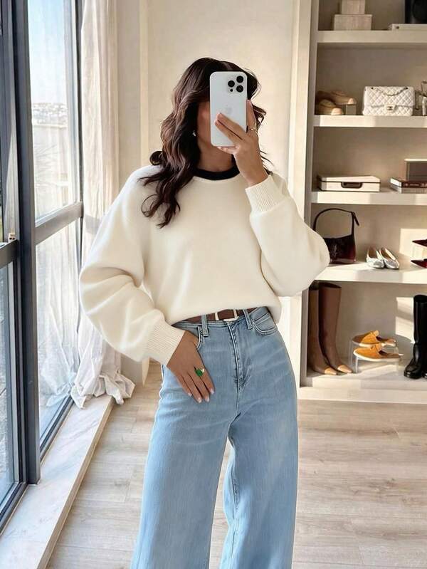 كنزة صوفية صوفية بياقة طاقم وتريم متباين، للارتداء اليومي للنساء