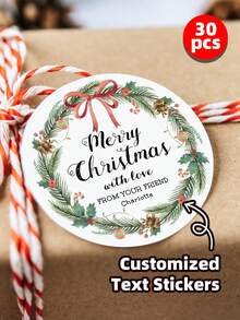 1/30/118pcs Customized Christmas Stickers Gift Labels, Customized Christmas Wreath Stickers, Customized Text Round Stickers Gift Labels - Gift Bag Stickers, Dessert And Baked Goods Packaging Box Personalized Self-Adhesive Labels, Christmas Stickers, Holiday Calendar - White - View 30