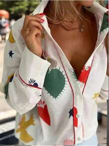 Plus Size Women's Shirt With Bird, Star, And Heart Prints, Featuring Red Trim - Multicolor - View 2