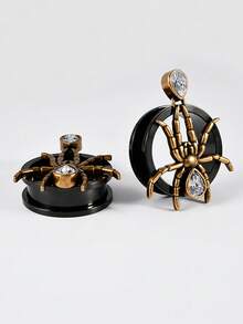 1PAIR Retro Copper Spide Whith Rhinestone Ear Tunnels&Plugs Expander Weight Ear Gauges Stretchers Earring Black Surgical Steel Pulley Saddle Body Jewelry Unisex Punk&Vintage In Daily Life - 1 Pair Of Spider Pulley Ear Expansion - View 12