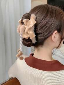 Elegant Tassel Pendant Bow Plush Hair Clip, Sweet Hair Accessory, Hair Decoration, Hair Claw, Hair Clip, Hair Accessory, Suitable For Autumn/Winter Holiday Outfit Women Bandanas Winter Hair Accessories