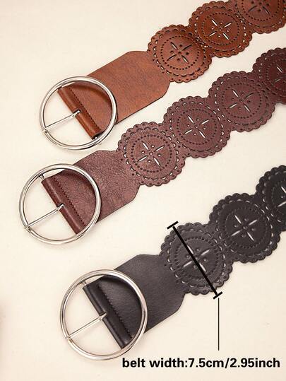 1pc Women's Vintage Round Hollow Geometric Pattern PU Leather Casual Jeans Belt, Suitable For Autumn, Halloween