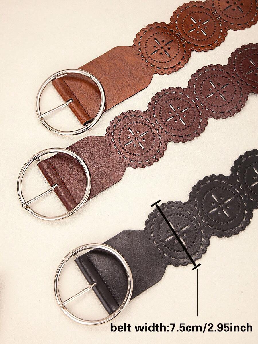 1pc Women's Vintage Round Hollow Geometric Pattern PU Leather Casual Jeans Belt, Suitable For Autumn, Halloween