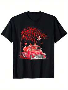 Camiseta gráfica de camión rojo para parejas del Día de San Valentín – 100% algodón, tallas S-XXXL, negra con diseño de coche vintage y corazones, camiseta casual para exteriores para hombres y mujeres - Negro - Ver 2