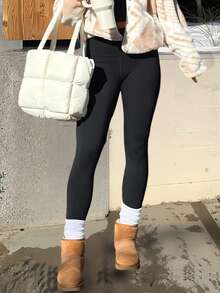 Hochdehnbare Yogahosen mit breitem Bund, Sherpa-Futter, warm, für den täglichen Lässig-Look, gemütlich, zum Ausgehen, Dating, Sport und Training. Herbst-/Winterkleidung für Frauen.