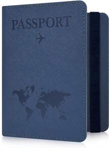 RSAquar Porta Pasaporte para Mujeres y Hombres, Cartera de Pasaporte de Viaje de Cuero PU Premium con Bloqueo RFID Funda para Pasaporte Organizador de Documentos de Viaje, Azul Oscuro Patrón - Gris Claro - Ver 1